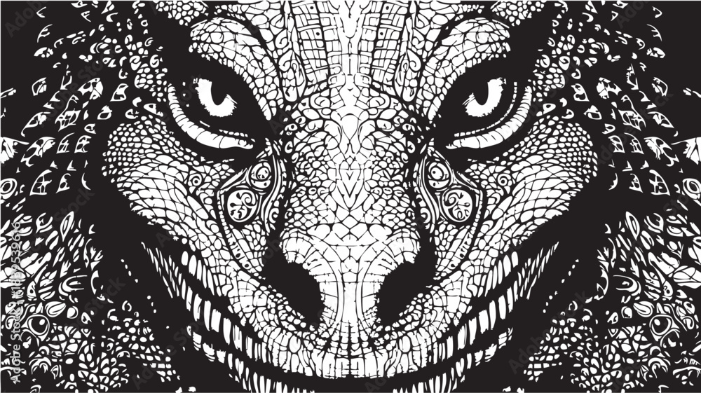 Fototapeta premium Intricate black and white tiger portrait composed of detailed ornamental patterns and textures.