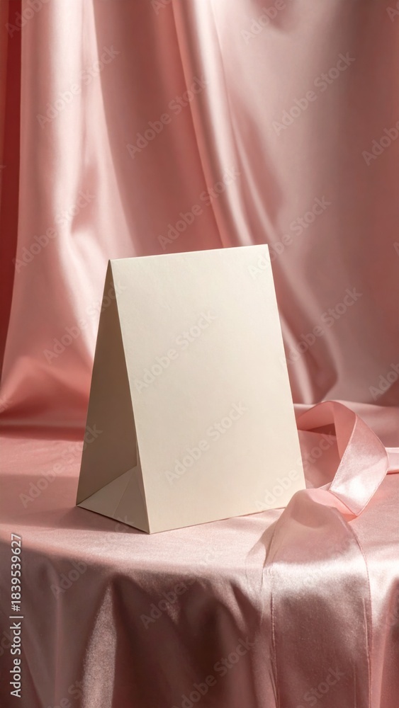 Fototapeta premium Blank White Card on Pink Satin Tablecloth with Draped Fabric