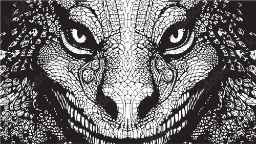 Intricate black and white tiger portrait composed of detailed ornamental patterns and textures.