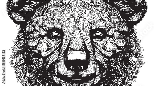 Intricate bear portrait with detailed line work, a striking monochrome animal illustration.
