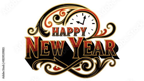 A festive graphic wishing 'Happy New Year' with a clock showing midnight and elaborate decorative swirls in black, gold, and red.
