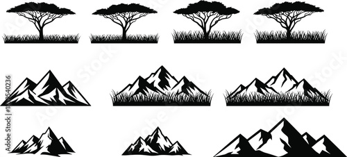 African savanna acacia tree mountain black silhouette vector set, nature landscape safari park outdoor adventure graphic element collection isolated.