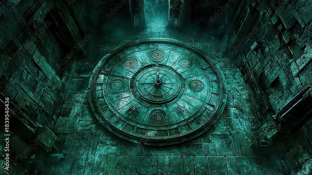 Fototapeta premium Mysterious Ancient Circular Stone Device in Enigmatic Stone - Walled Chamber with Eerie Greenish - Blue Lighting