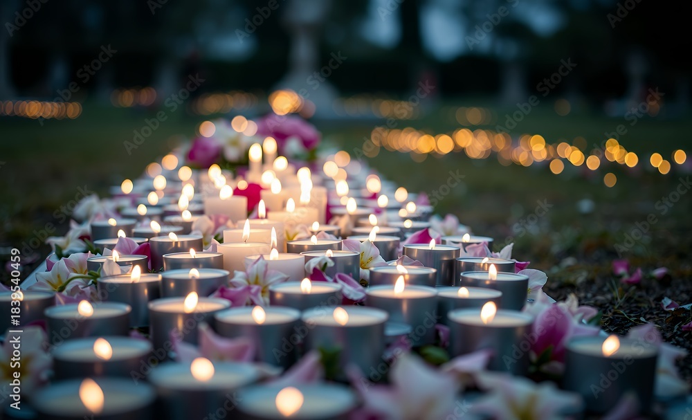 Obraz premium Candles many votive lights and flowers decoration on a grave closeup lights at the cemetary detail shot up close death memory passing remembrance simple cultural symbol conceptual shot nobody funeral 