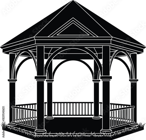 Black silhouette traditional hexagonal gazebo vector illustration, garden decorative wood structure, outdoor park wedding background design element, isolated lawn.