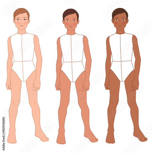 A vector fashion croquis set of a 6–7-year-old boy in three diverse skin tones.  Perfect for wear design, fashion sketching, pattern development, and children’s clothing illustration.