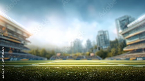 Soccer stadium with bright field and buildings