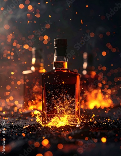 Amber Colored Spirit Bottle Amidst Fiery Sparks and Bokeh Lights