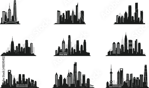 City skyline black silhouette vector collection, modern urban downtown architecture panorama set, famous skyscraper buildings metropolis graphic design elements isolated.