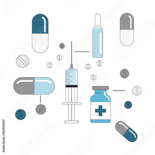 Minimalist Vector Illustration of Various Medical Supplies, Including Pills, Capsules, Syringe, Ampule, and Medicine Bottle, Representing Healthcare, Pharmacy, Drug Treatment, Vaccination, and Modern 
