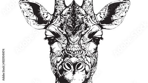 Intricate black and white giraffe head portrait with detailed ornamental floral patterns.