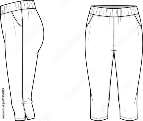 Cropped capri trousers fashion flat technical drawing template, elastic waistband, side pockets, slit cuff detail, mid-calf casual wear front and side view vector.