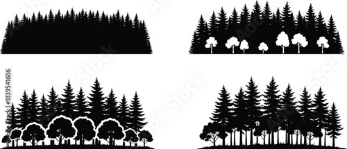 Forest tree line black silhouette set, dense woods pine trees nature landscape graphic elements, wilderness environment background vector illustration isolated.