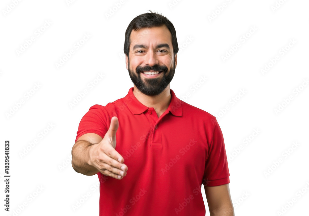 Fototapeta premium A cheerful bearded man in a red polo shirt extends his hand for a handshake isolated on transparent background