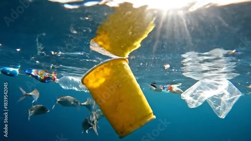 Underwater Scene With Yellow Plastic Cup Floating Amidst Fish and Ocean Pollution Sunlight Rays Penetrating Blue Water Creating Dramatic Atmosphere