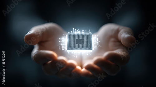 Innovation and Technology: Hands Presenting Glowing AI Chip