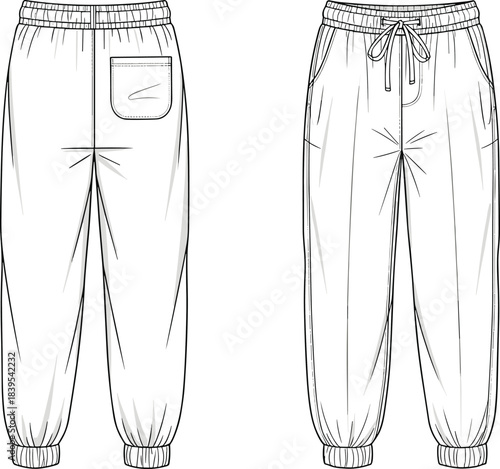 Relaxed fit jogger pants fashion flat technical drawing template, elastic drawstring waist, cuffed ankles, utility pocket detail, front and back view vector.