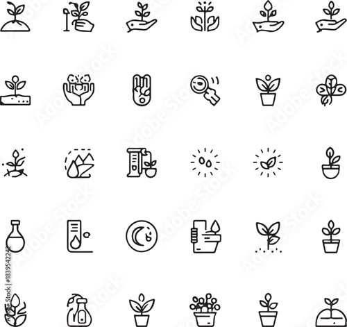 Gardening and agriculture line icon set. Vector pictograms of grow your own food concept, watering can, seedling in hand, sprout in soil, farmer, bee pollination, fertilizer.
