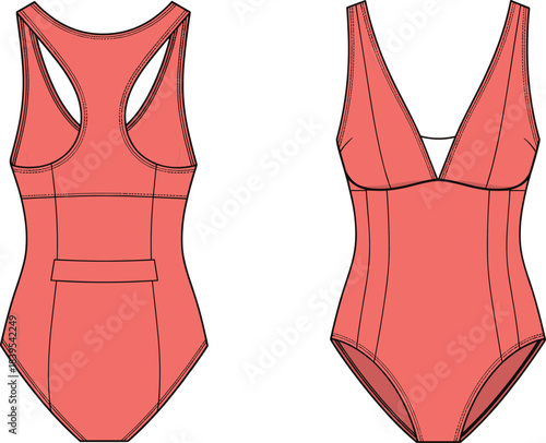 Plunging V-neck racerback swimsuit fashion flat technical drawing template, one-piece athletic swimwear illustration, summer beach apparel front and back view vector.