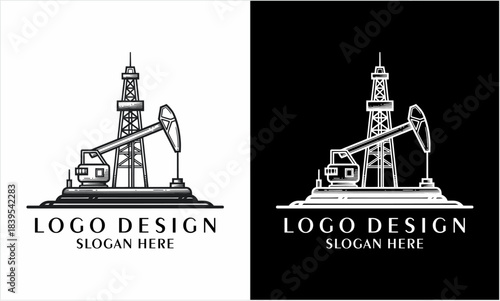 Vintage oil pump rig outline logo in black and white