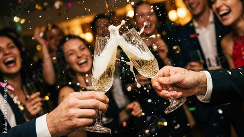 Celebratory Champagne Toast with Friends and Confetti Falling During a Joyful Party Event