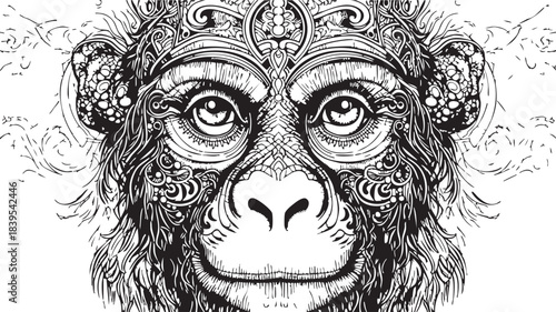 Intricate ornamental monkey head vector illustration with detailed linework and decorative floral elements.