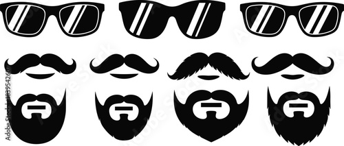 Sunglasses mustache beard set, hipster fashion facial hair vector silhouettes, cool manly accessory collection, barbershop logo design elements isolated.