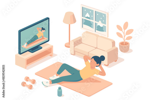 Woman exercising at home on yoga mat in cozy living room with winter scene outdoors