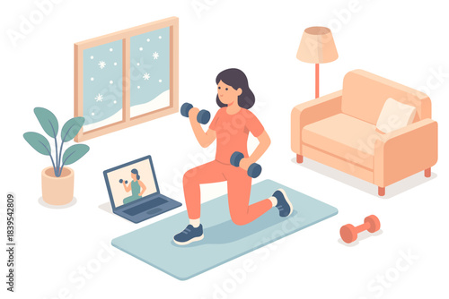 Home workout in cozy living room with dumbbells and online fitness class