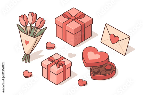 Romantic gift set with tulips, heart shaped box, and love letter
