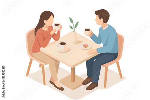 Isometric tabletop conversation: casual coffee date with hot beverages and pastry