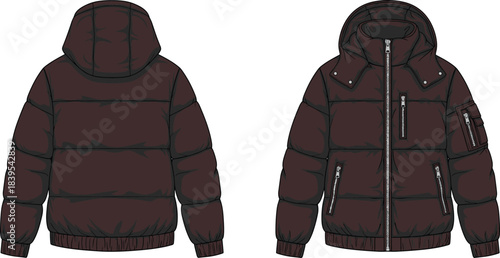 Unisex Puffer Jacket Technical Fashion Illustration Flat Sketch Vector Template with Full Zipper, Patch Pocket, Hood, and Wide Elasticated Bottom Hem.