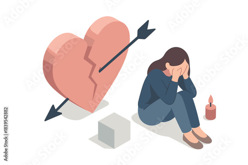 Isometric broken heart sadness: woman crying with candle and arrow symbol