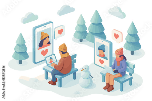 Winter online connection: people video chatting in snowy park with smartphones