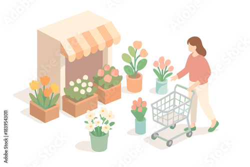 Woman shopping for flowers at outdoor market in isometric style