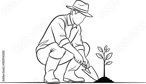 Gardener digging soil to plant young tree, line art illustration of man farmer crouching with trowel working in garden, minimalist agriculture and environmental conservation concept, AI Generative