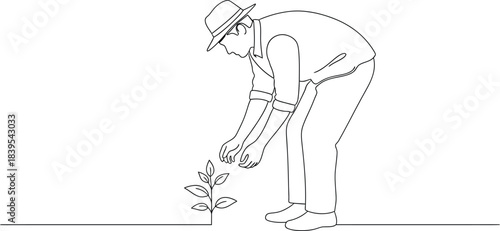 Farmer planting young seedling in garden, continuous one line drawing of man gardener caring for plant, minimalist agriculture concept illustration on white background, AI Generative

