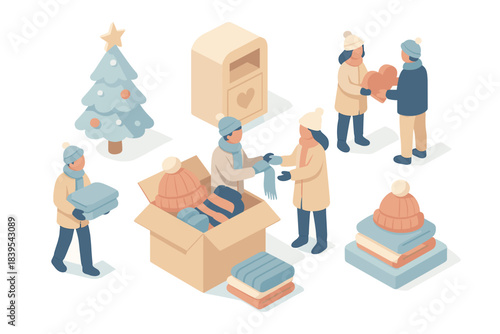 Isometric winter charity scene with people donating clothes and gifts