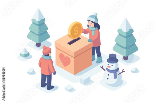 Isometric winter charity scene with coin donation box in snowy park setting