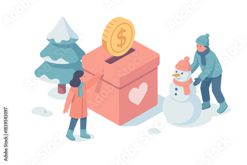 Winter charity: people building snowman and donating with love concept