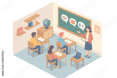 Isometric classroom scene with language lesson and diverse students