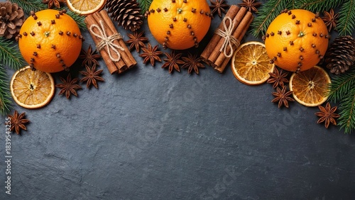 Festive holiday border featuring fragrant orange pomanders cinnamon sticks and pine cones for winter celebration