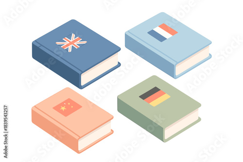Isometric books with international flags for language learning concepts