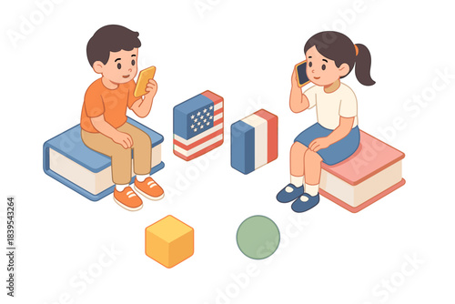 Kids talking on phones with language books and flags in isometric style