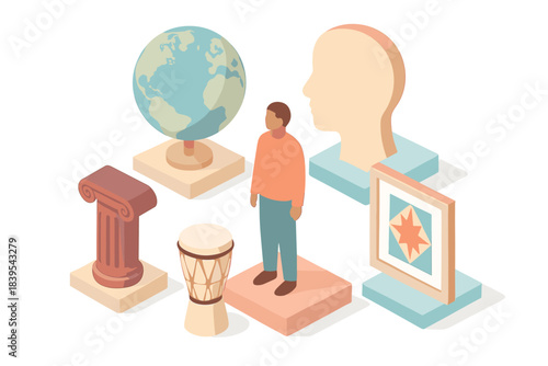 Isometric education concept with global, cultural, and historical elements