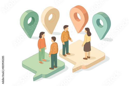 Isometric communication concept with people and location pins