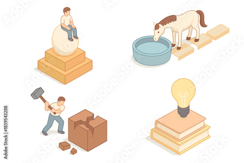 Isometric set: man hammering, horse drinking, thinker statue, idea lightbulb on books