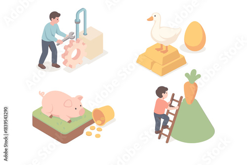 Isometric farming concepts with characters, animals, and crops