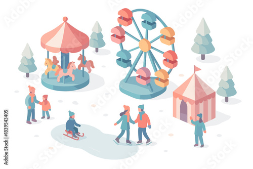 Winter carnival scene with carousel, ferris wheel, and families in isometric style