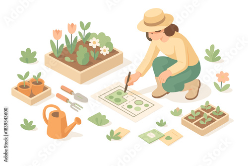 Isometric garden planning with planting diagrams and tools in flat design